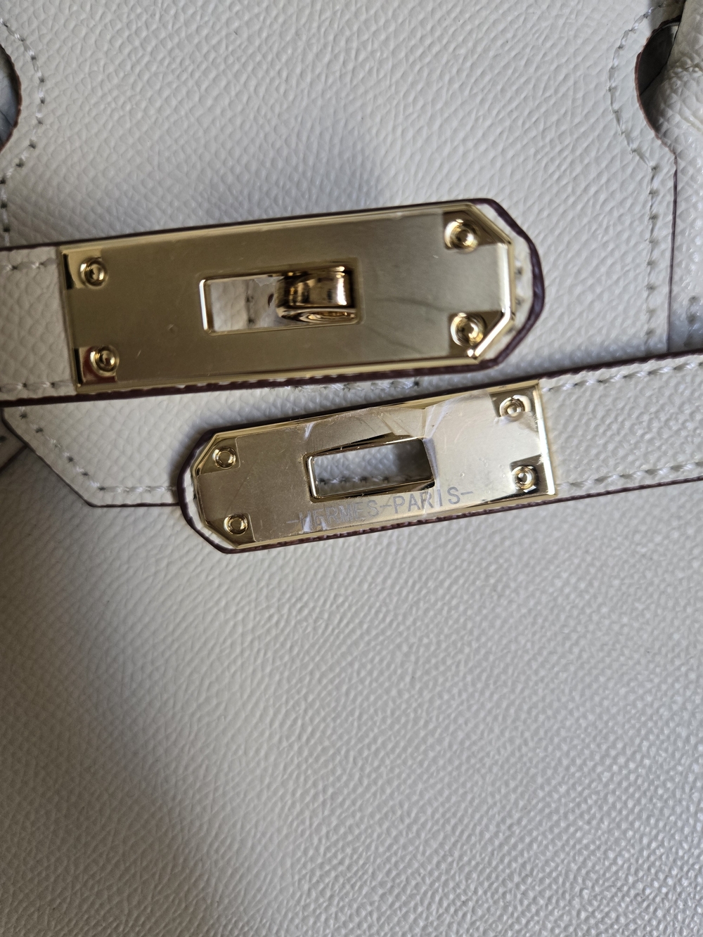 Cream Birkin-Structured Top-Handle Tote Bag with Gold Hardware - Picture 6 of 8